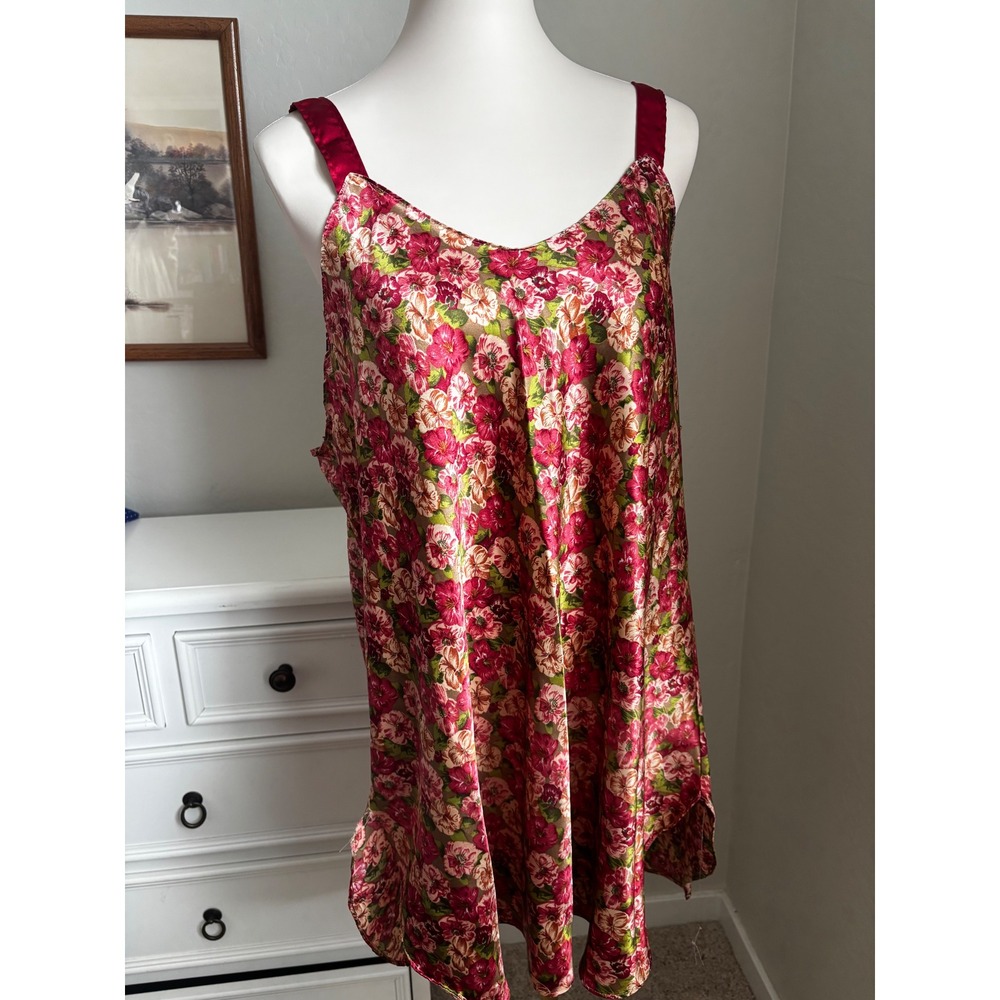 Vintage Pinx Floral Satin Chemise Nightgown Pink Red Made in‎ USA Womens L